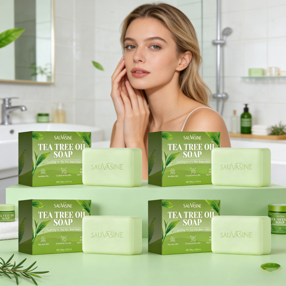 Set of 4 Tea Tree Oil Cleansing Soaps with a Refreshing Scent, Designed to Avoid Dryness Post-Wash, Ideal for a Moisturizing Formula for All Skin Types, Alleviates Seasonal Dryness, Perfect for Daily Use in Bathing And Facial Cleansing