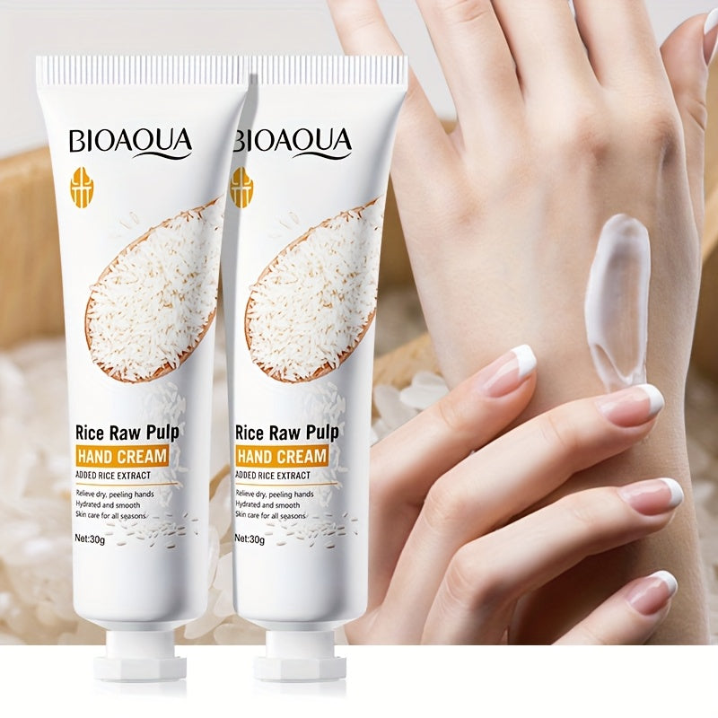 BIOAQUA 2pcs Rice Extract Hand Cream, Moisturizing, Containing Rice Extract Ingredients, Provides Hydration and Nourishment to Hands, Making Them Soft and Smooth, Hand Care, Prevents Dryness and Cracking, Lightweight and Non-Greasy, Skincare