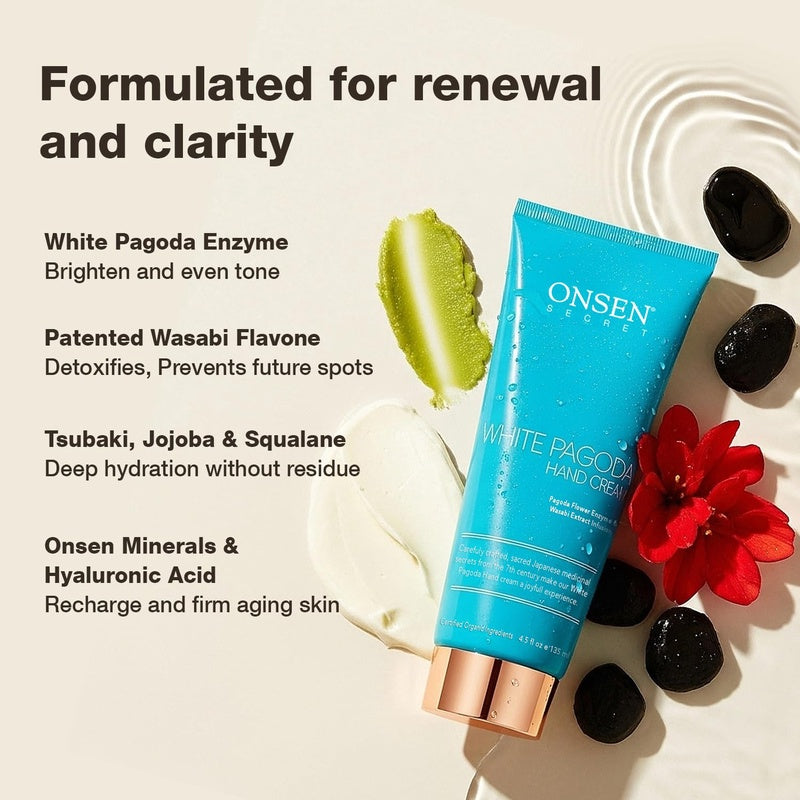 Onsen White Pagoda Hand Cream Japanese - Inspired Firming Hand Lotion with Pagoda Flower Enzyme, Tsubaki, Jojoba Squalane Nursing Essentials for Aging Hands Vegan 4.5 oz